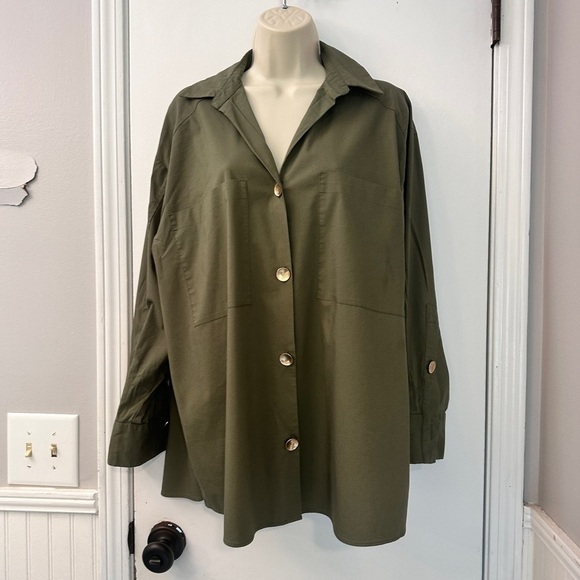 Magaschoni Women’s Olive Green Button-Down Oversized Shirt, Size Large - Picture 2 of 11